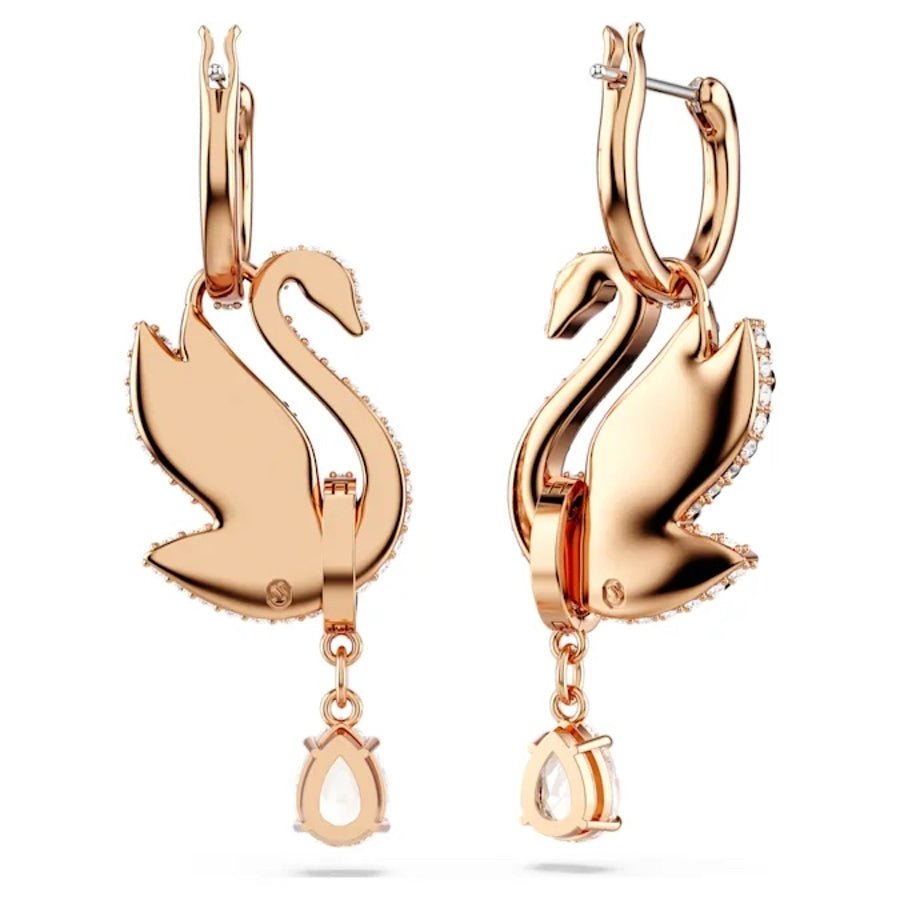 Swarovski Swan Drop Earrings Swan Black Rose gold-tone plated -Swarovski