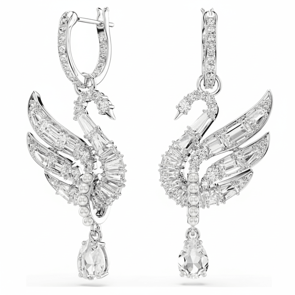 Swarovski Swan earrings, White, Rhodium plated -Swarovski