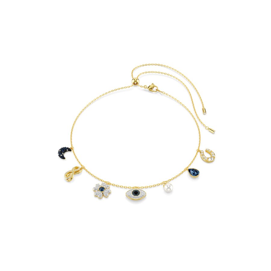 Swarovski Symbolica Choker, Moon, Infinity, Clover, Evil Eye and horseshoe, Blue, Gold-tone Plated -Swarovski