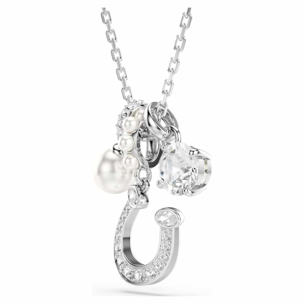 Swarovski Symbolica Pendant, Crystal pearl, Round cut, Pavé, Horse shoe, White, Rhodium plated -Swarovski