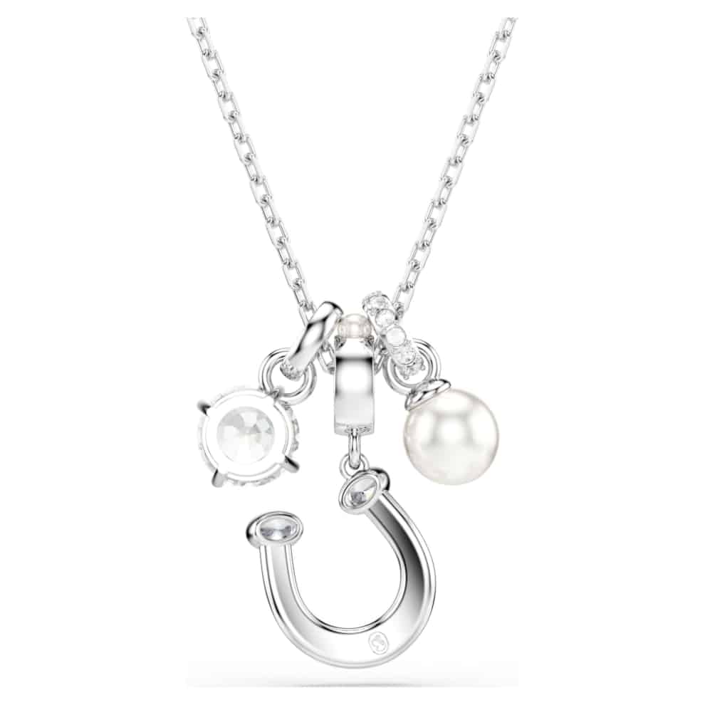 Swarovski Symbolica Pendant, Crystal pearl, Round cut, Pavé, Horse shoe, White, Rhodium plated -Swarovski