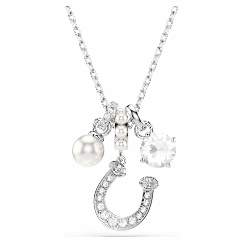 Swarovski Symbolica Pendant, Crystal pearl, Round cut, Pavé, Horse shoe, White, Rhodium plated -Swarovski