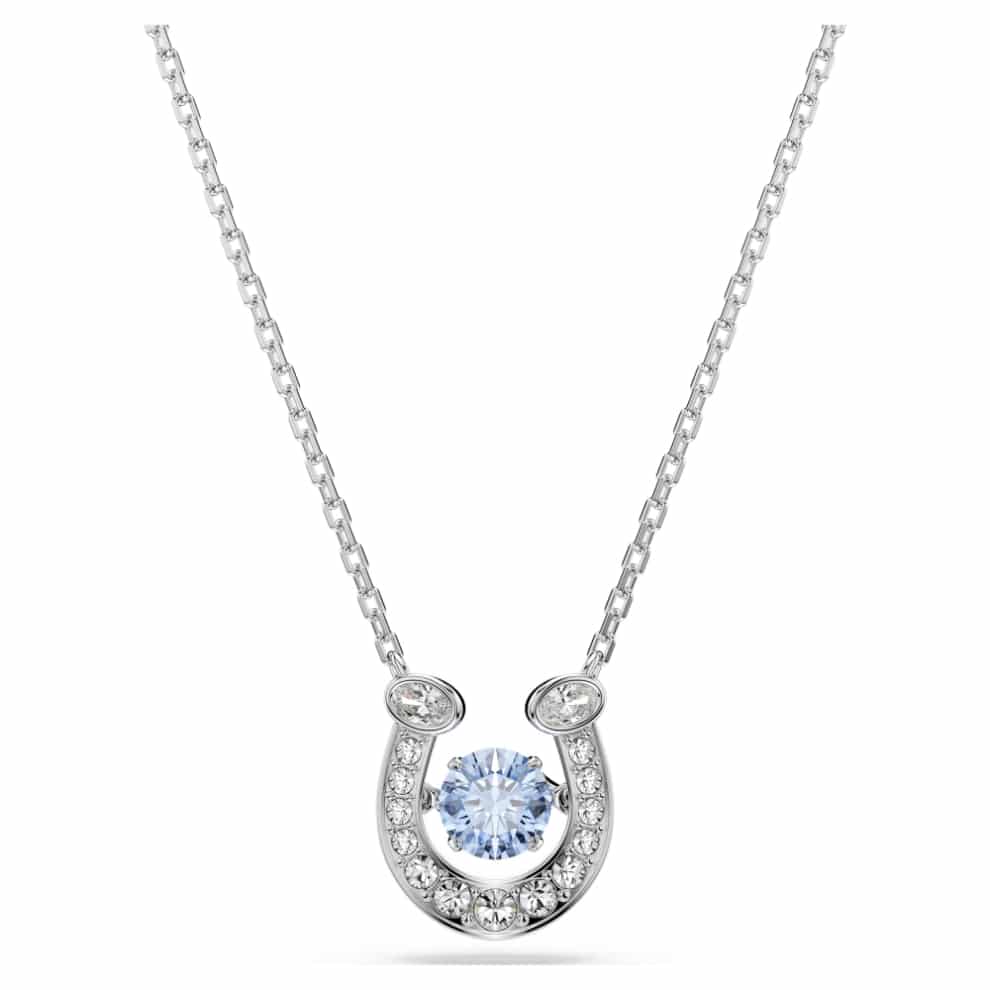 Swarovski Symbolica Pendant, Round cut, Pavé, Horse shoe, Blue, Rhodium plated -Swarovski