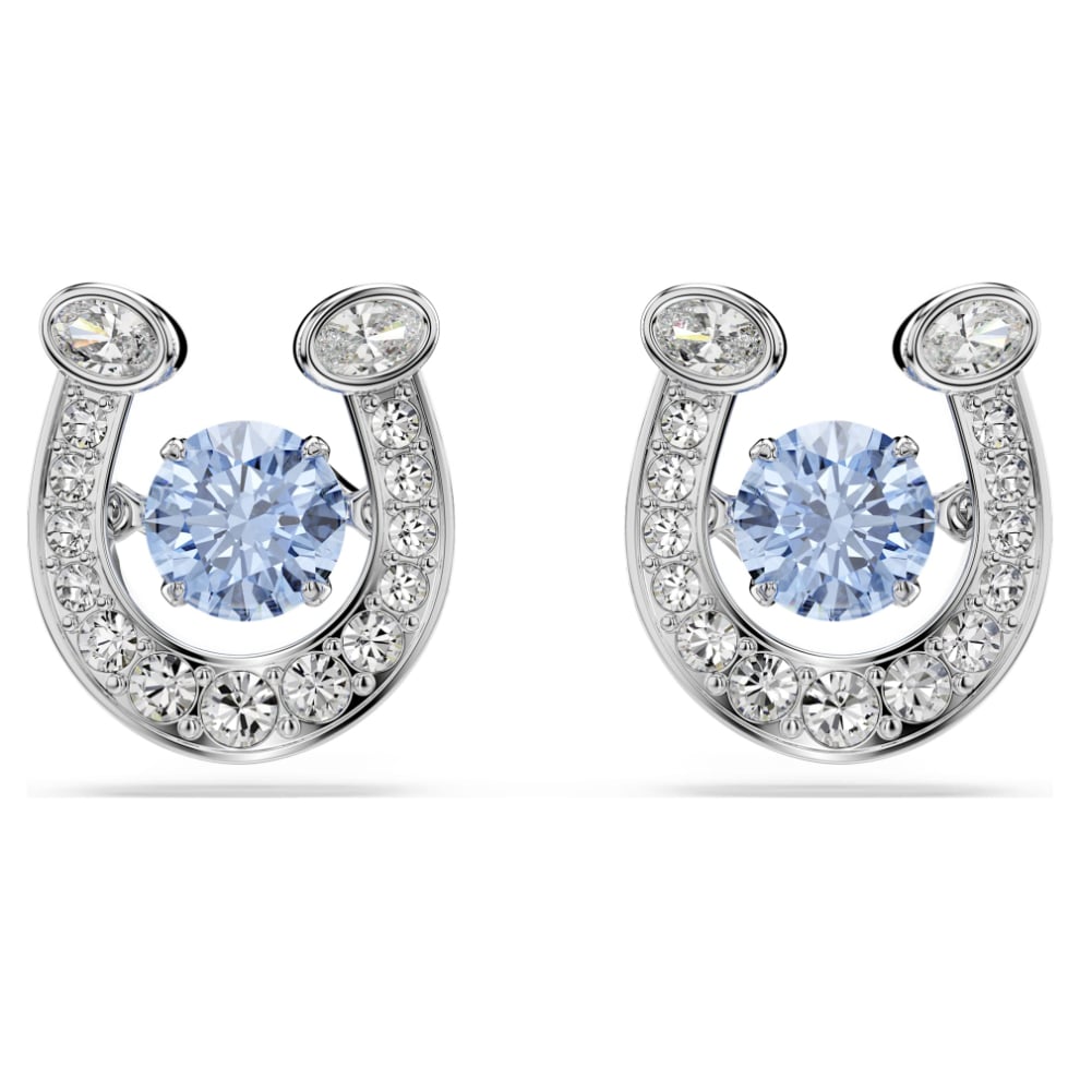 Swarovski Symbolica stud Earrings, Round cut, Pavé, Horse shoe, Blue, Rhodium plated -Swarovski