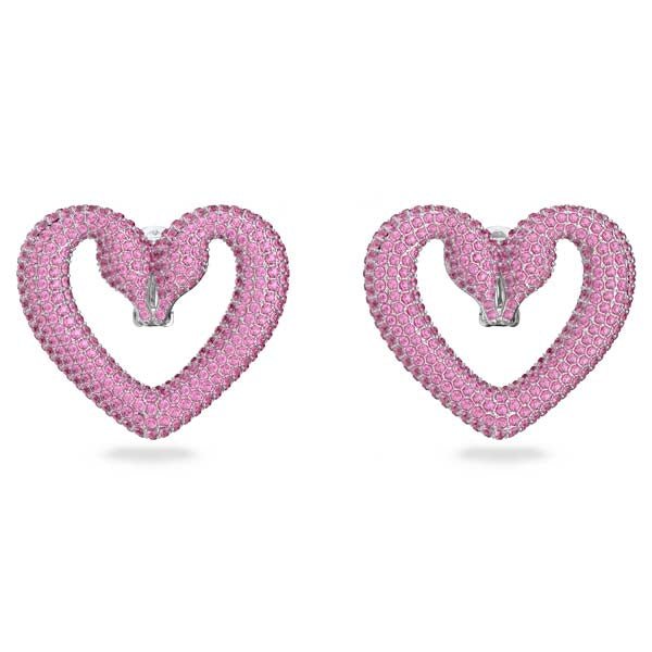Swarovski Una Clip Earrings Heart, Large, Pink, Rhodium Plated -Swarovski