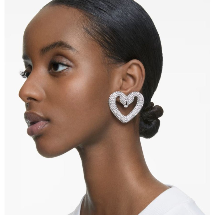 Swarovski Una Clip Earrings Heart, Large, White, Rhodium Plated -Swarovski