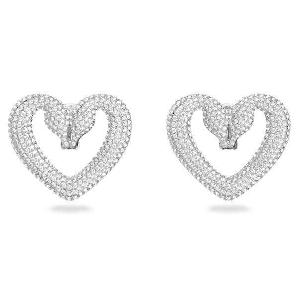 Swarovski Una Clip Earrings Heart, Large, White, Rhodium Plated -Swarovski