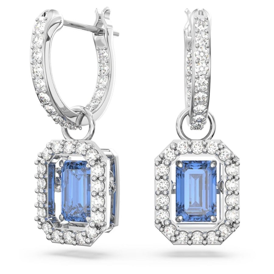 Swarovski Una drop earrings Octagon cut, Blue, Rhodium plated -Swarovski