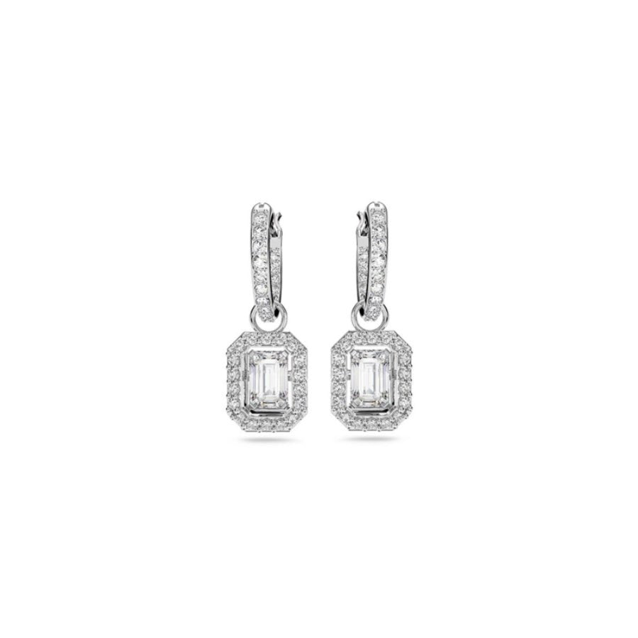 Swarovski Una drop earrings Octagon cut, White, Rhodium plated -Swarovski