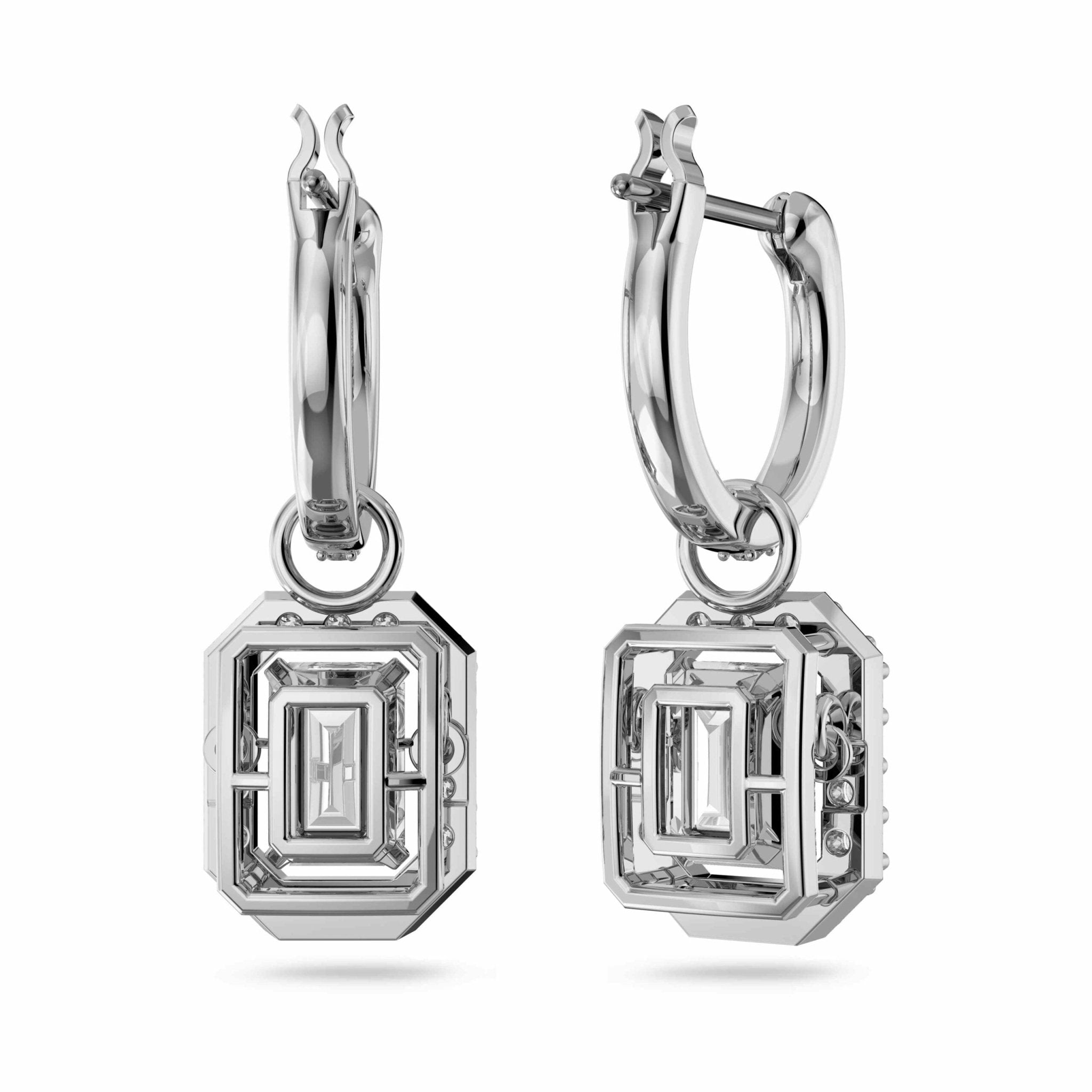 Swarovski Una drop earrings Octagon cut, White, Rhodium plated -Swarovski