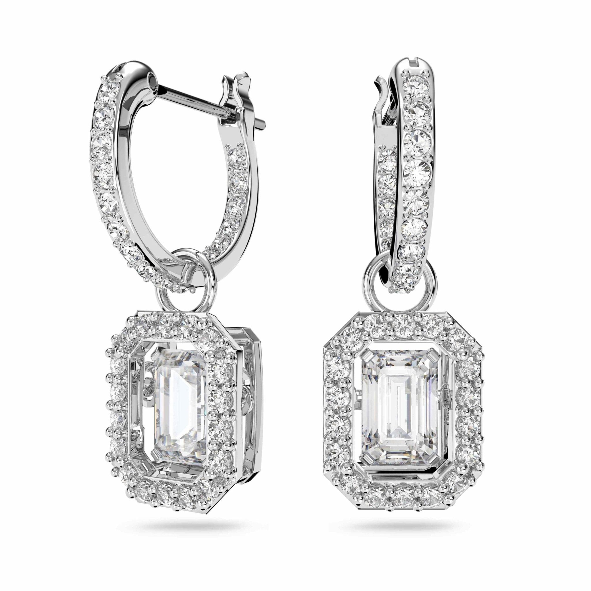 Swarovski Una drop earrings Octagon cut, White, Rhodium plated -Swarovski