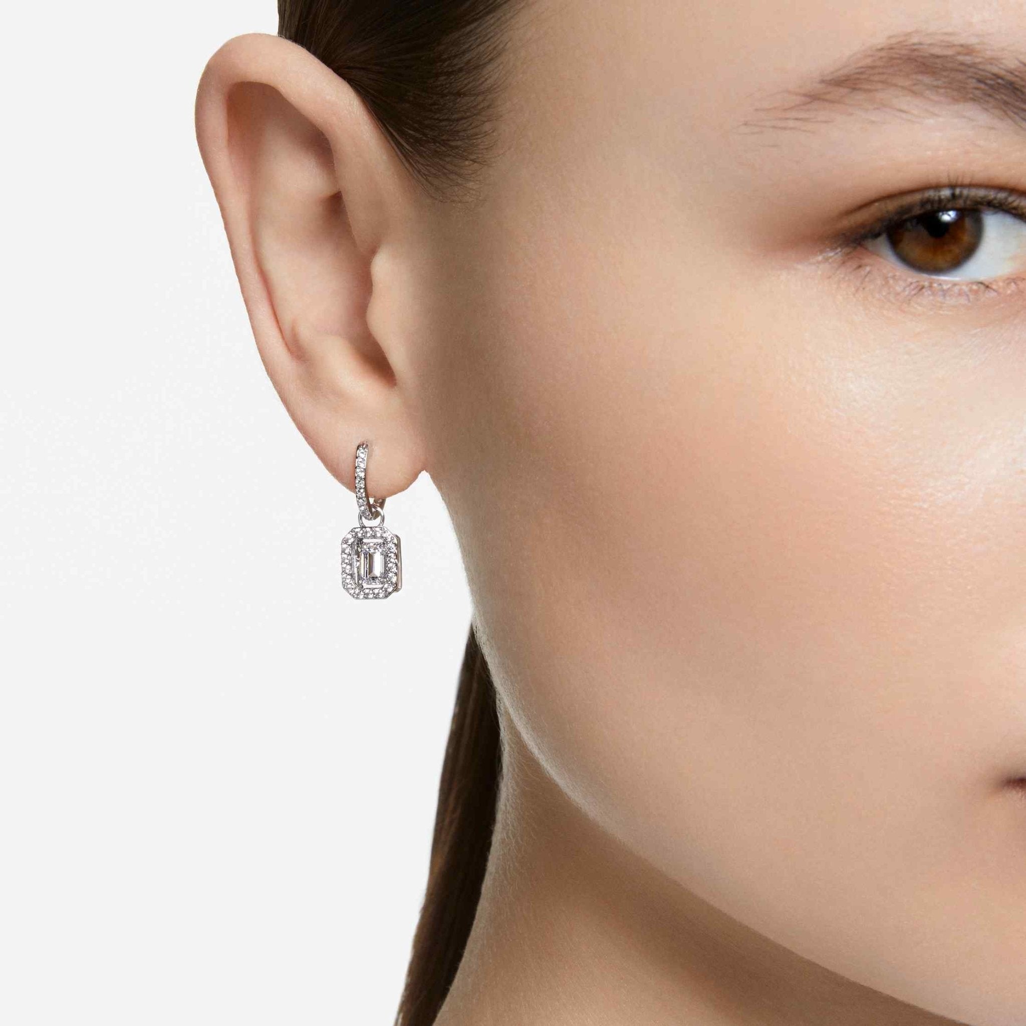 Swarovski Una drop earrings Octagon cut, White, Rhodium plated -Swarovski