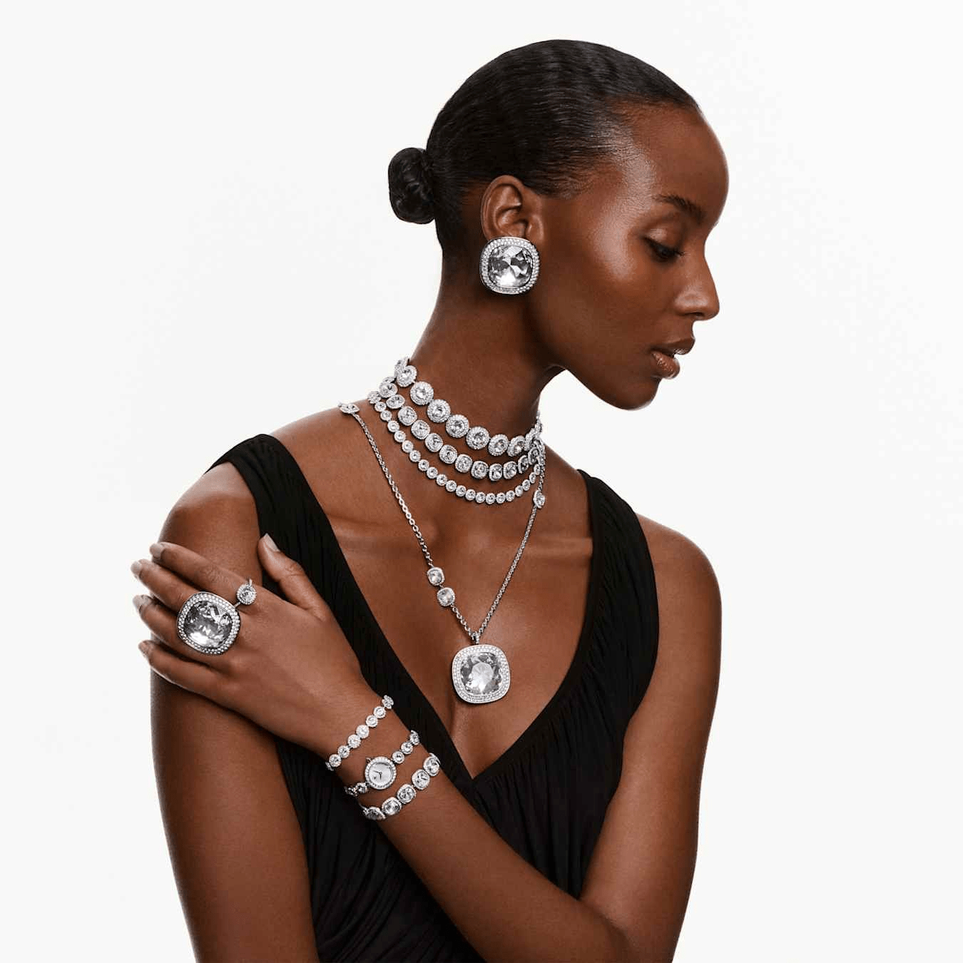 Una Angelic cocktail ring, Cushion cut, White, Ruthenium plated -Swarovski