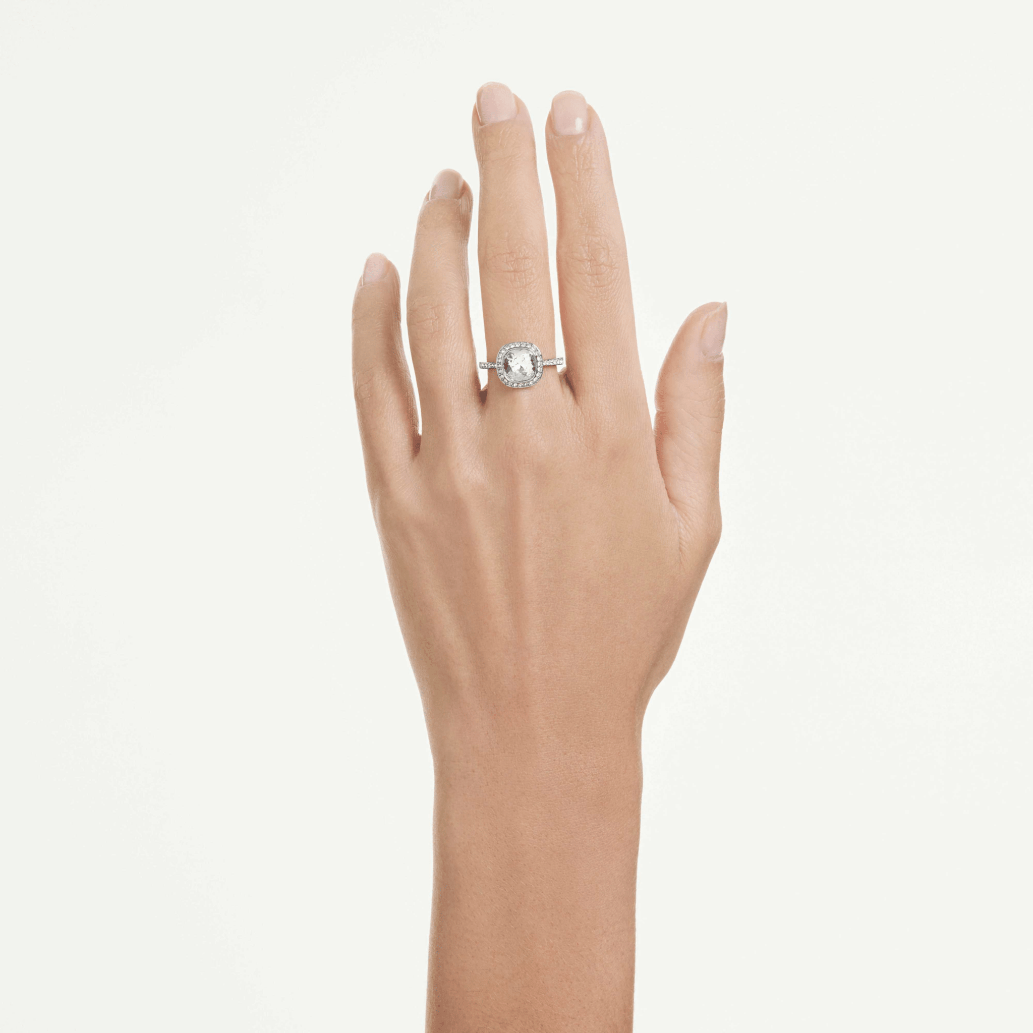 Una Angelic halo ring, Cushion cut, White, Rhodium plated -Swarovski