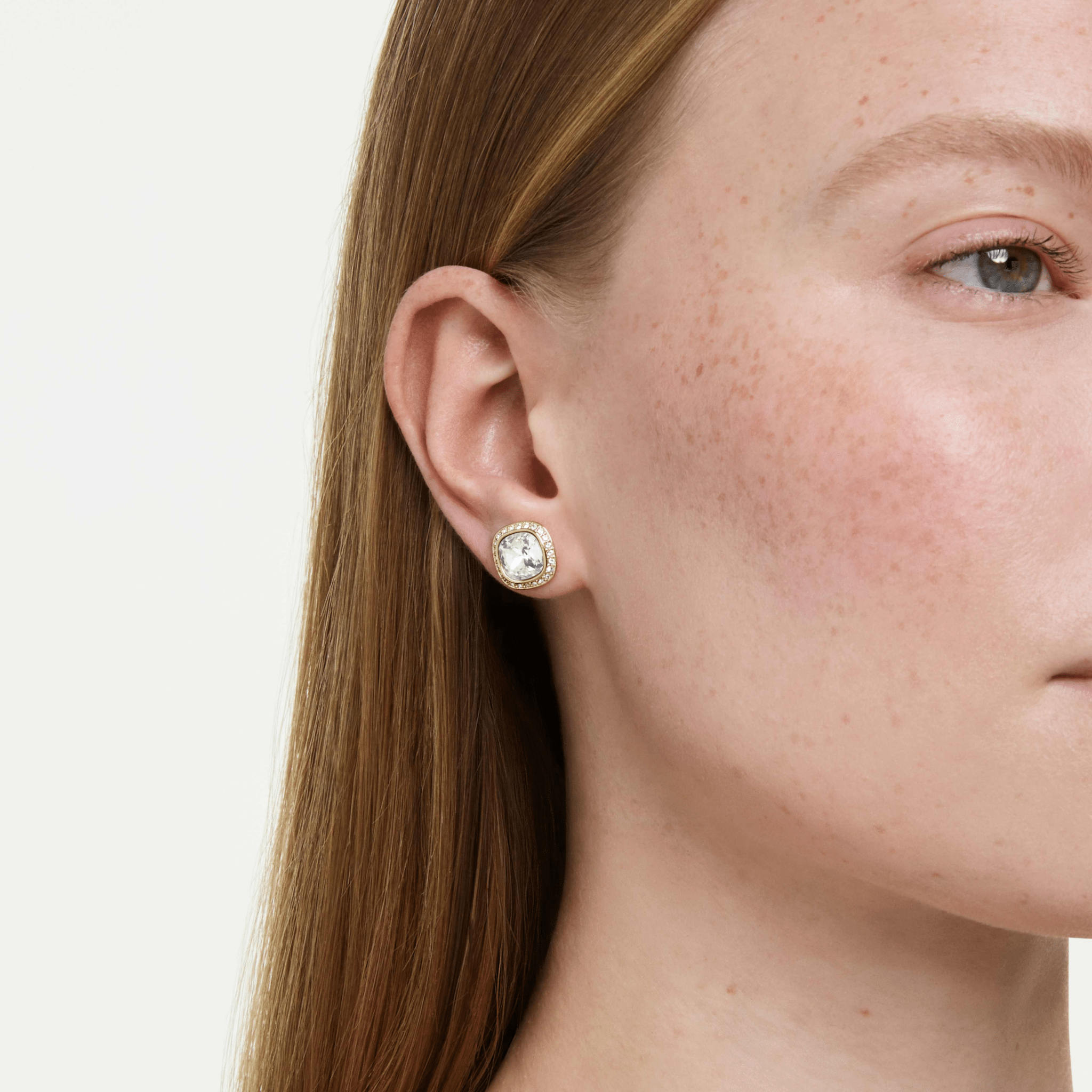 Una Angelic stud earrings, Cushion cut, White, 18K gold finish -Swarovski