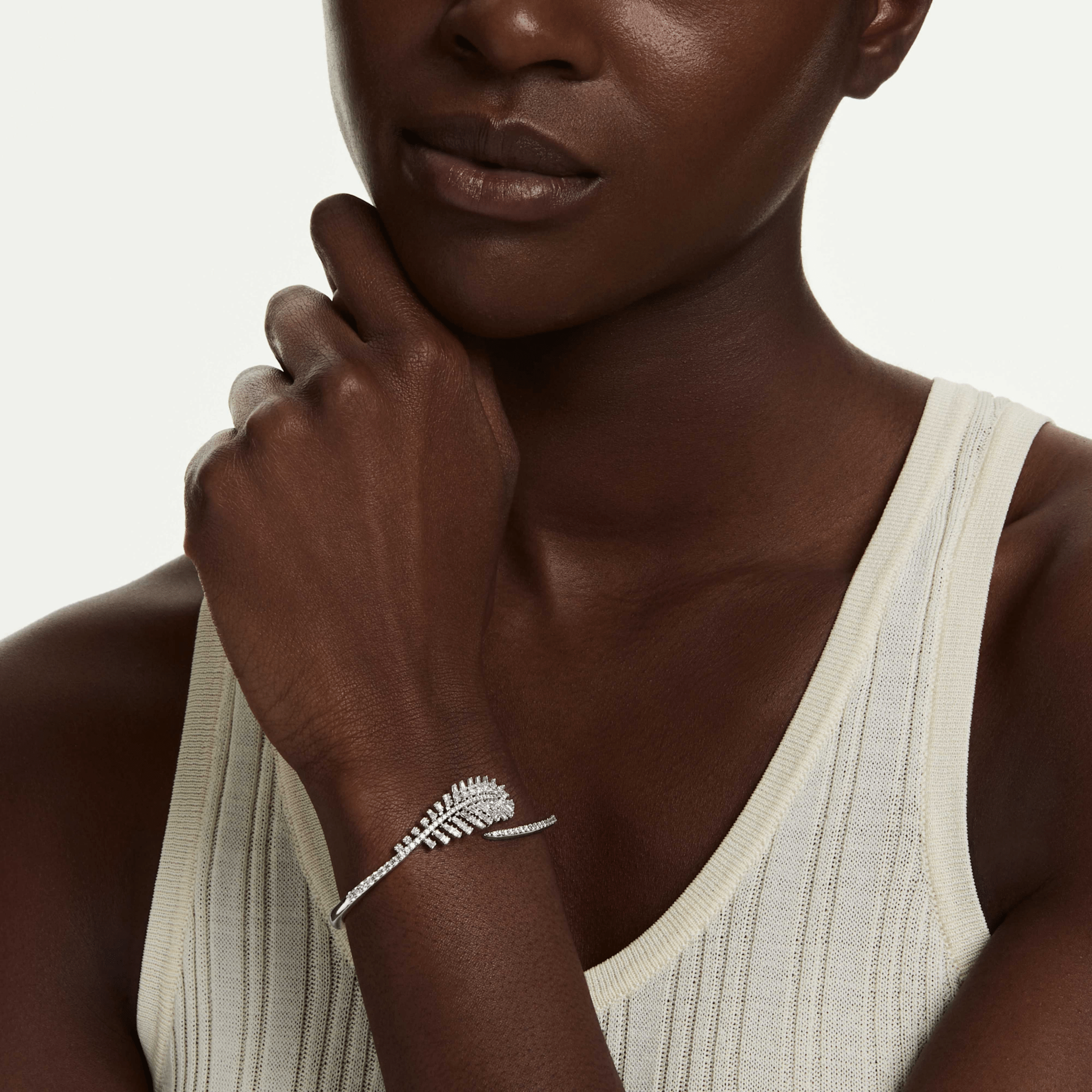 Vienna bangle, Mixed cuts, Feather, White, Rhodium plated -Swarovski