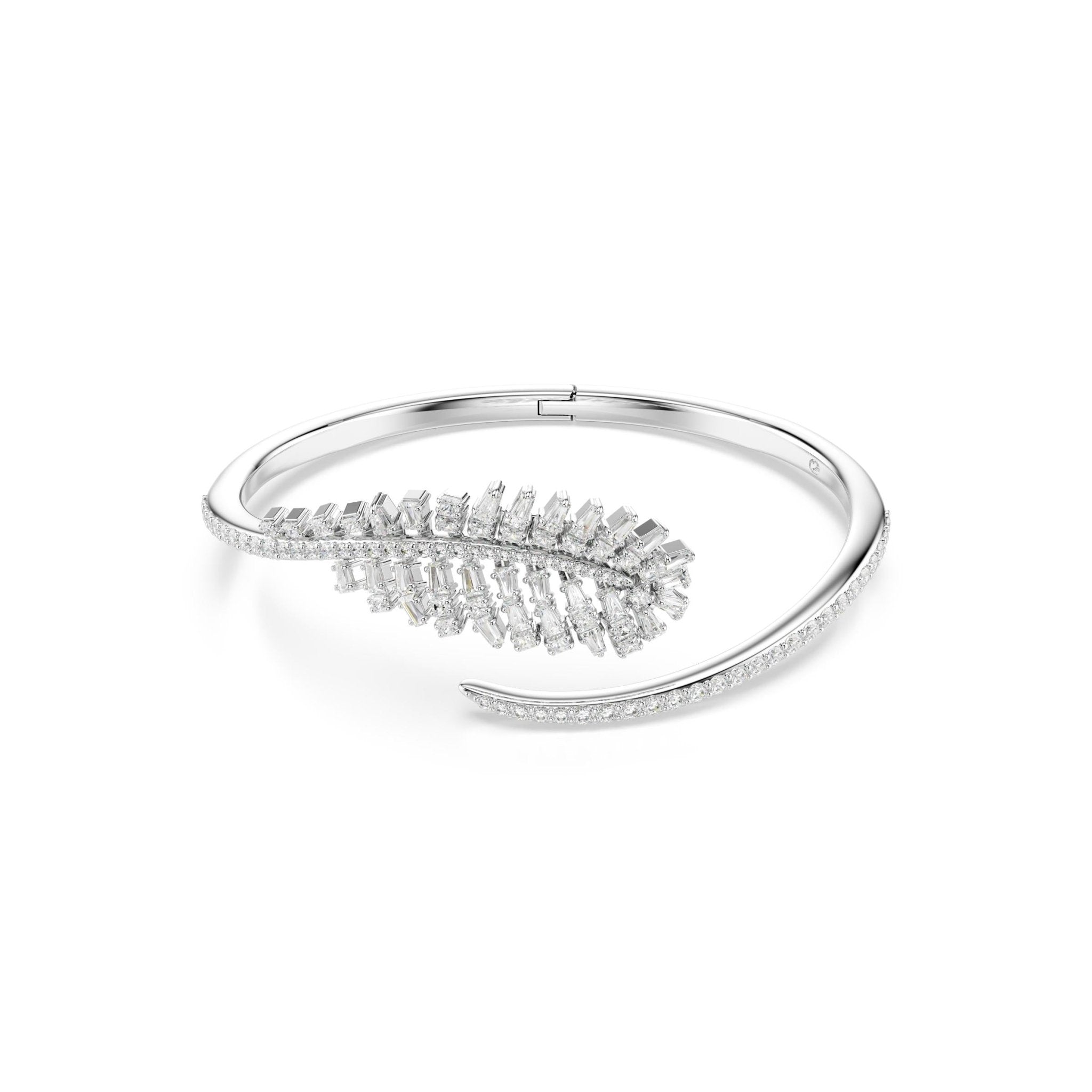 Vienna bangle, Mixed cuts, Feather, White, Rhodium plated -Swarovski