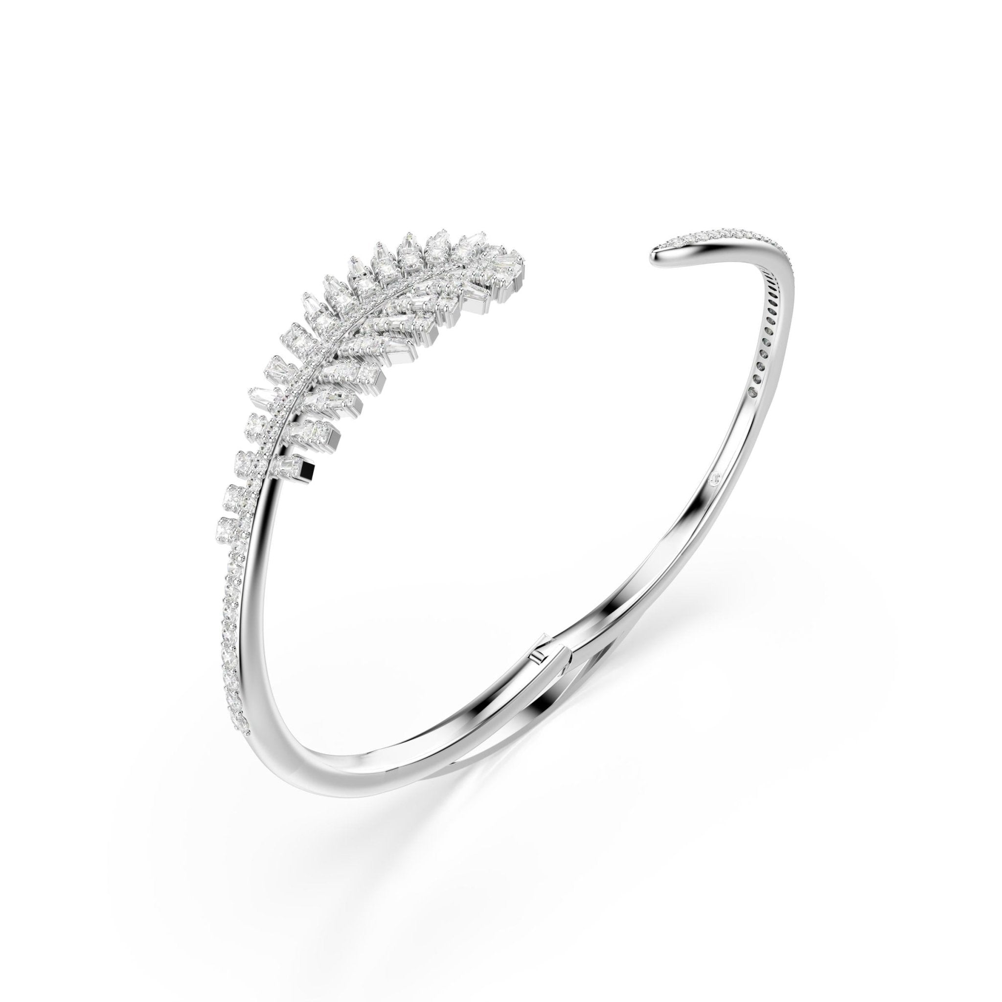 Vienna bangle, Mixed cuts, Feather, White, Rhodium plated -Swarovski