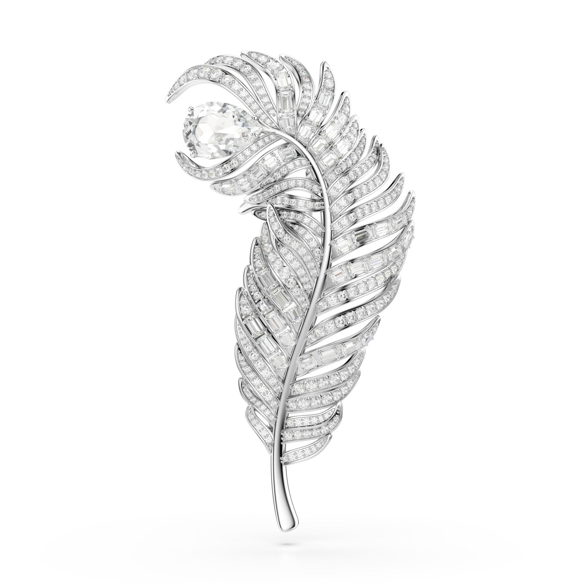 Vienna brooch, Mixed cuts, Feather, White, Rhodium plated , Swan -Swarovski