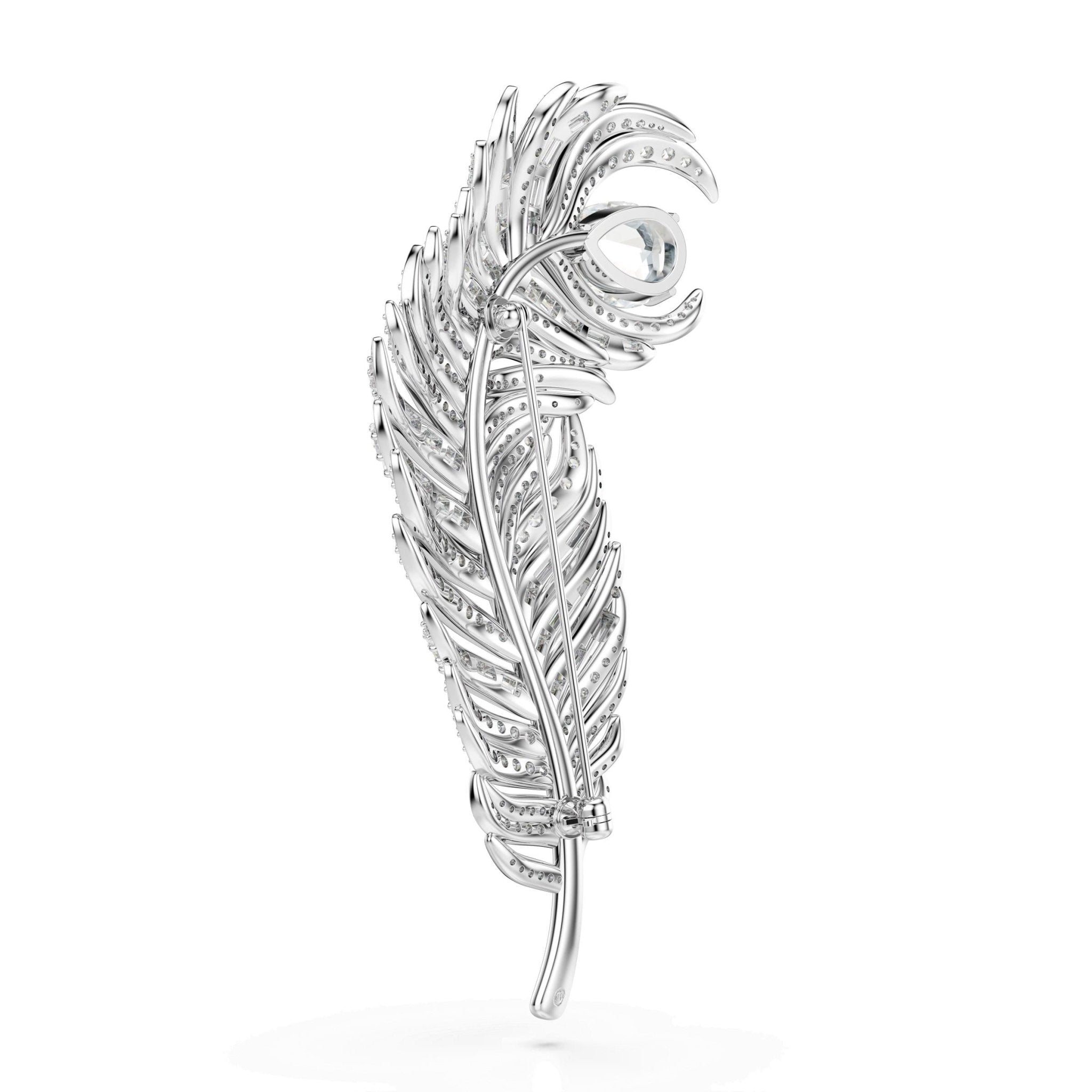 Vienna brooch, Mixed cuts, Feather, White, Rhodium plated , Swan -Swarovski
