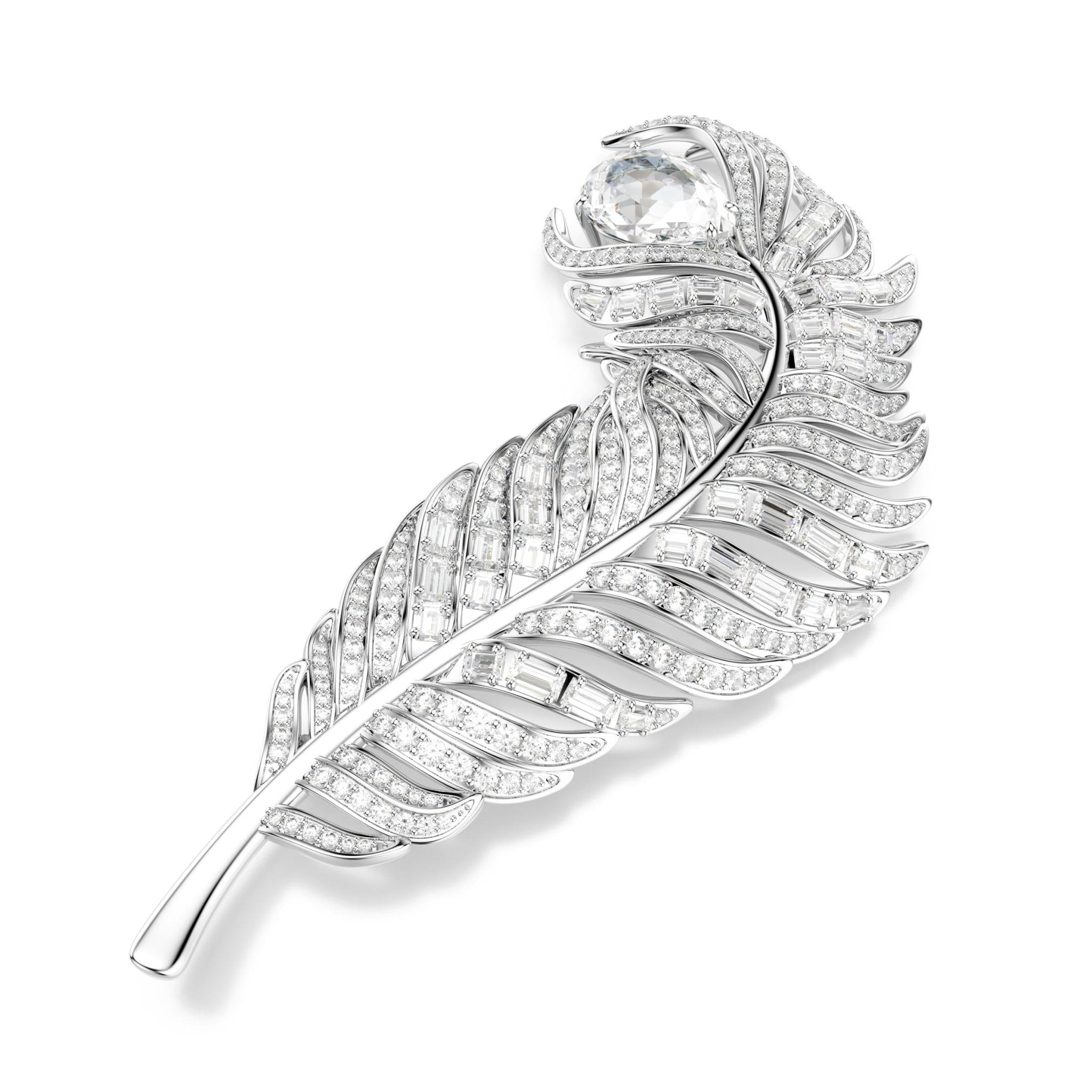 Vienna brooch, Mixed cuts, Feather, White, Rhodium plated , Swan -Swarovski