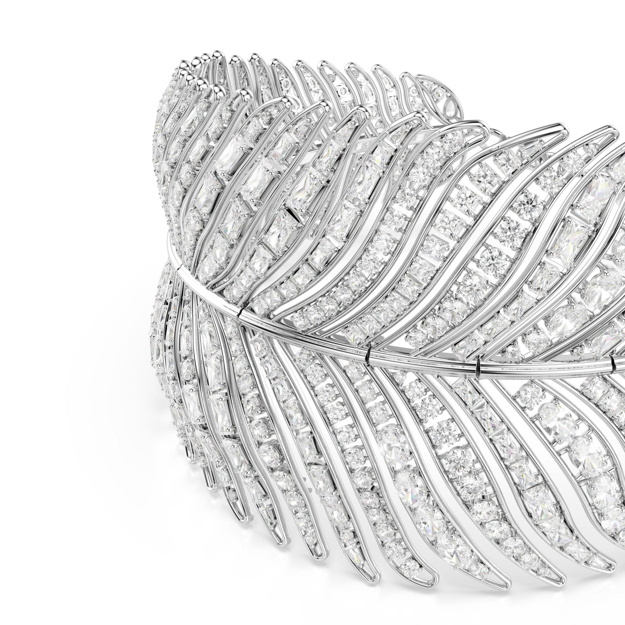 Vienna choker, Mixed cuts, Feather, White, Rhodium plated -Swarovski