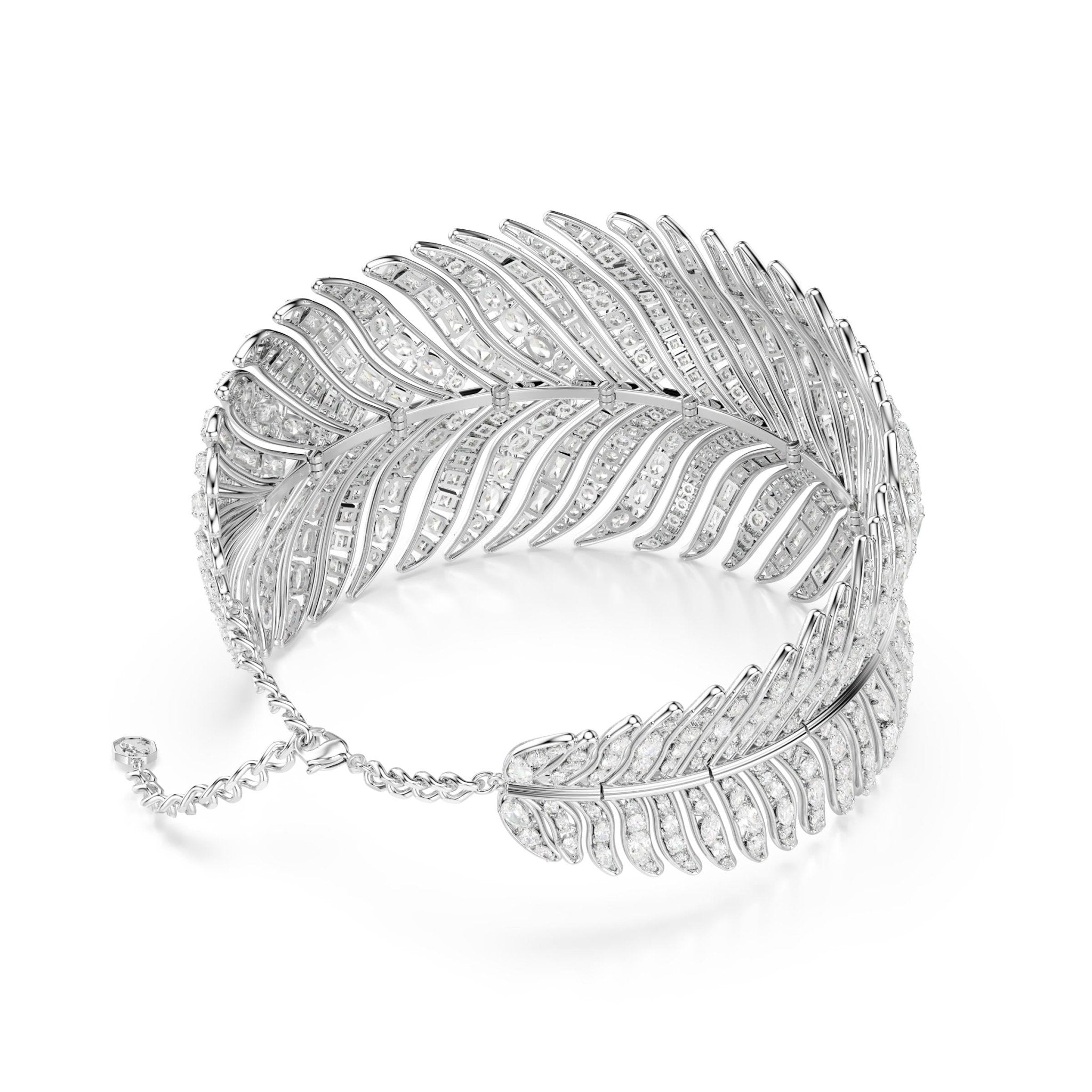 Vienna choker, Mixed cuts, Feather, White, Rhodium plated -Swarovski