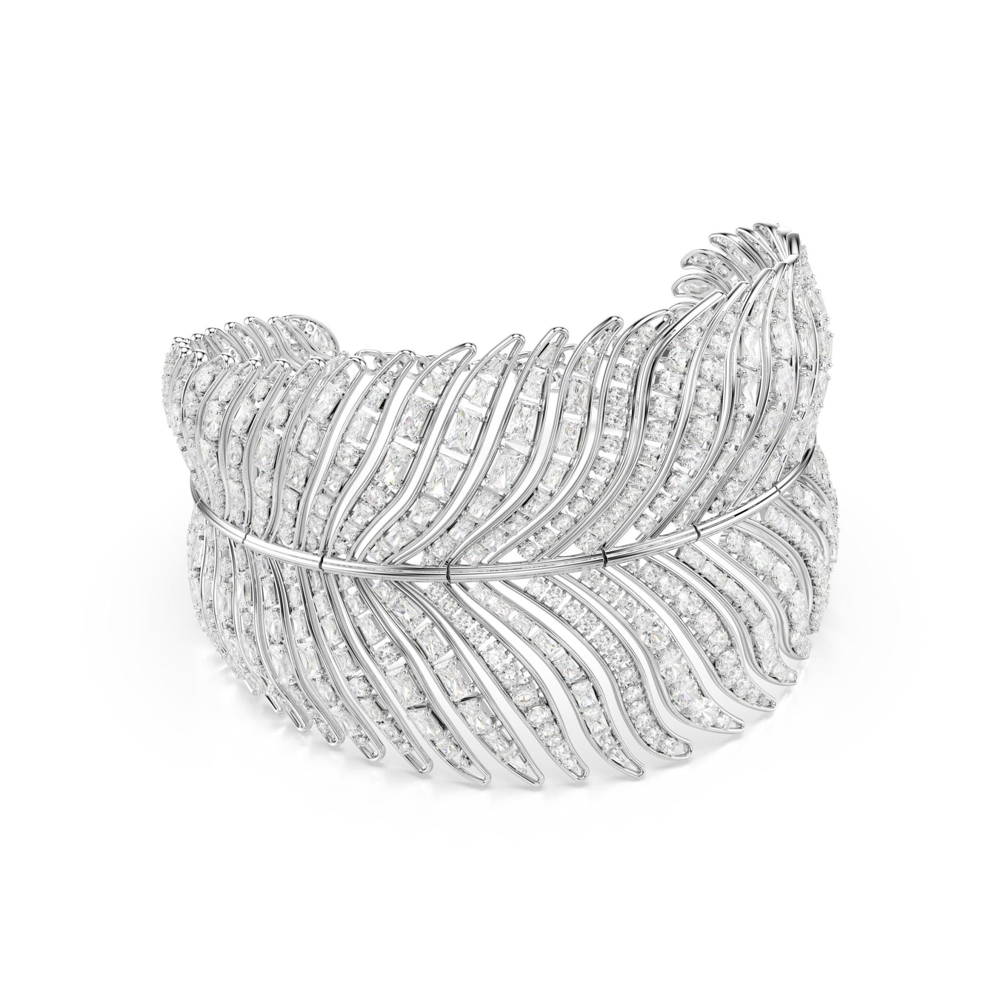 Vienna choker, Mixed cuts, Feather, White, Rhodium plated -Swarovski