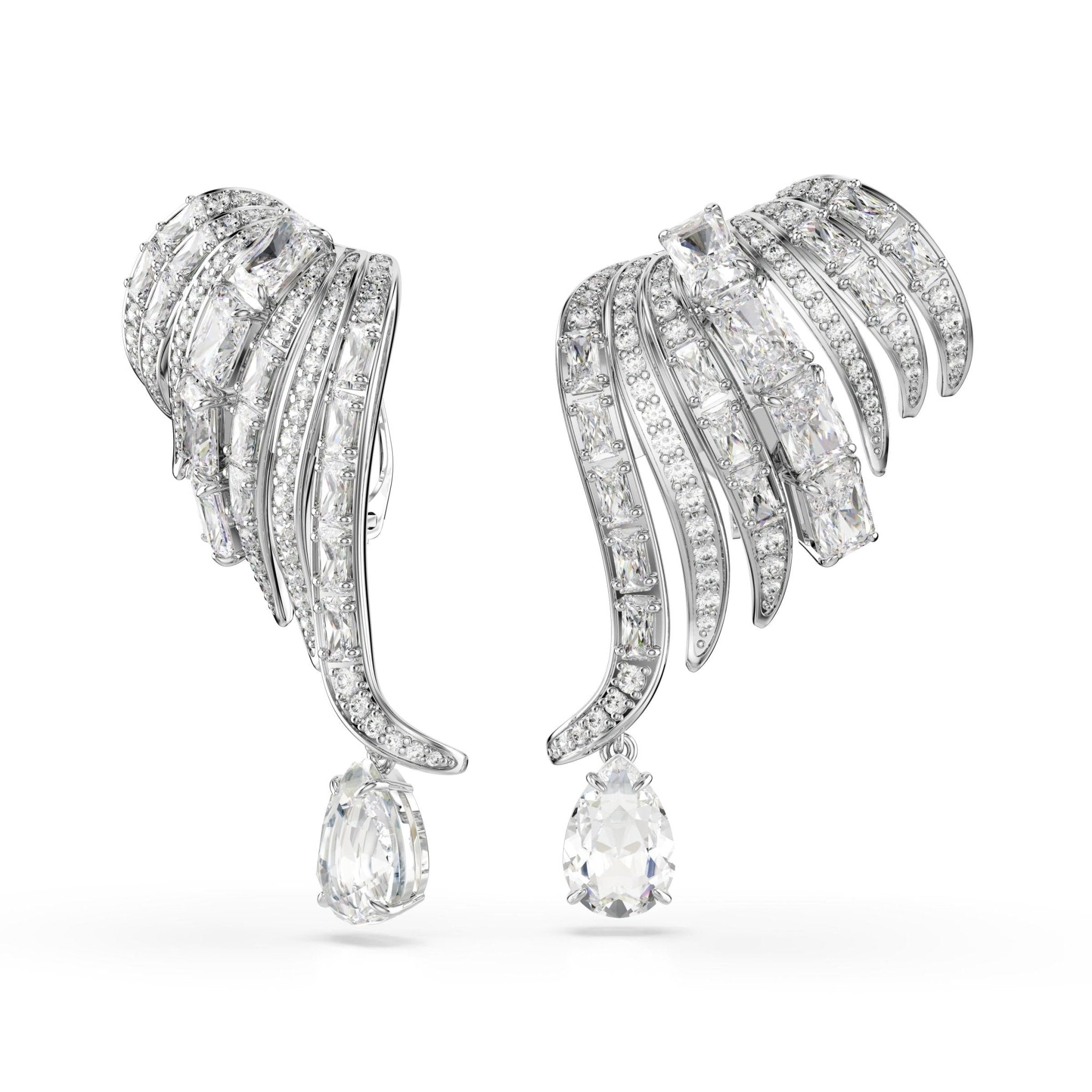 Vienna clip earrings, Mixed cuts, Swan, White, Rhodium plated -Swarovski