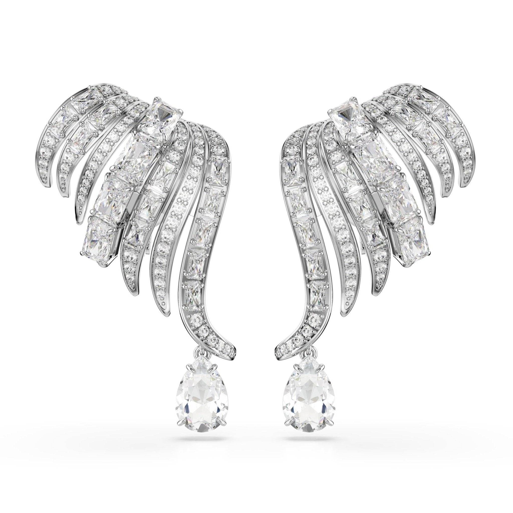 Vienna clip earrings, Mixed cuts, Swan, White, Rhodium plated -Swarovski