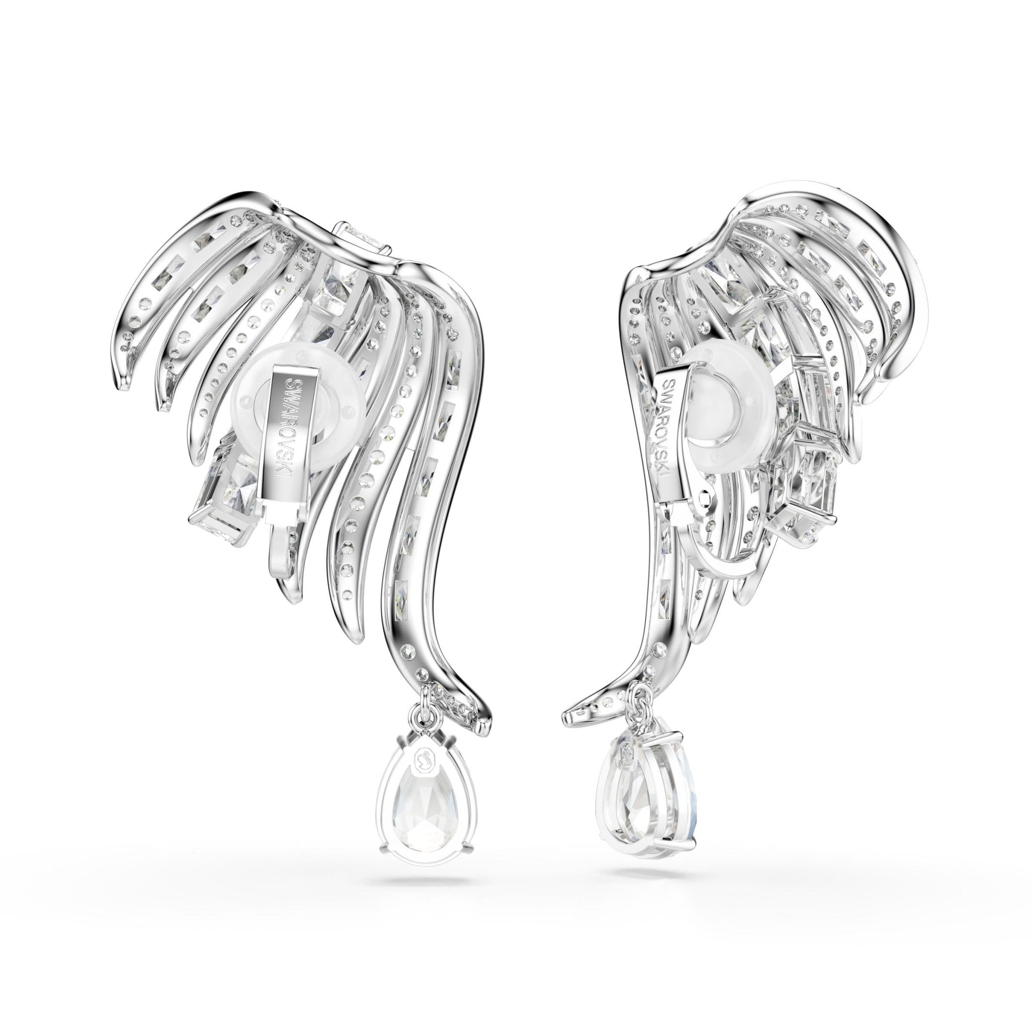 Vienna clip earrings, Mixed cuts, Swan, White, Rhodium plated -Swarovski