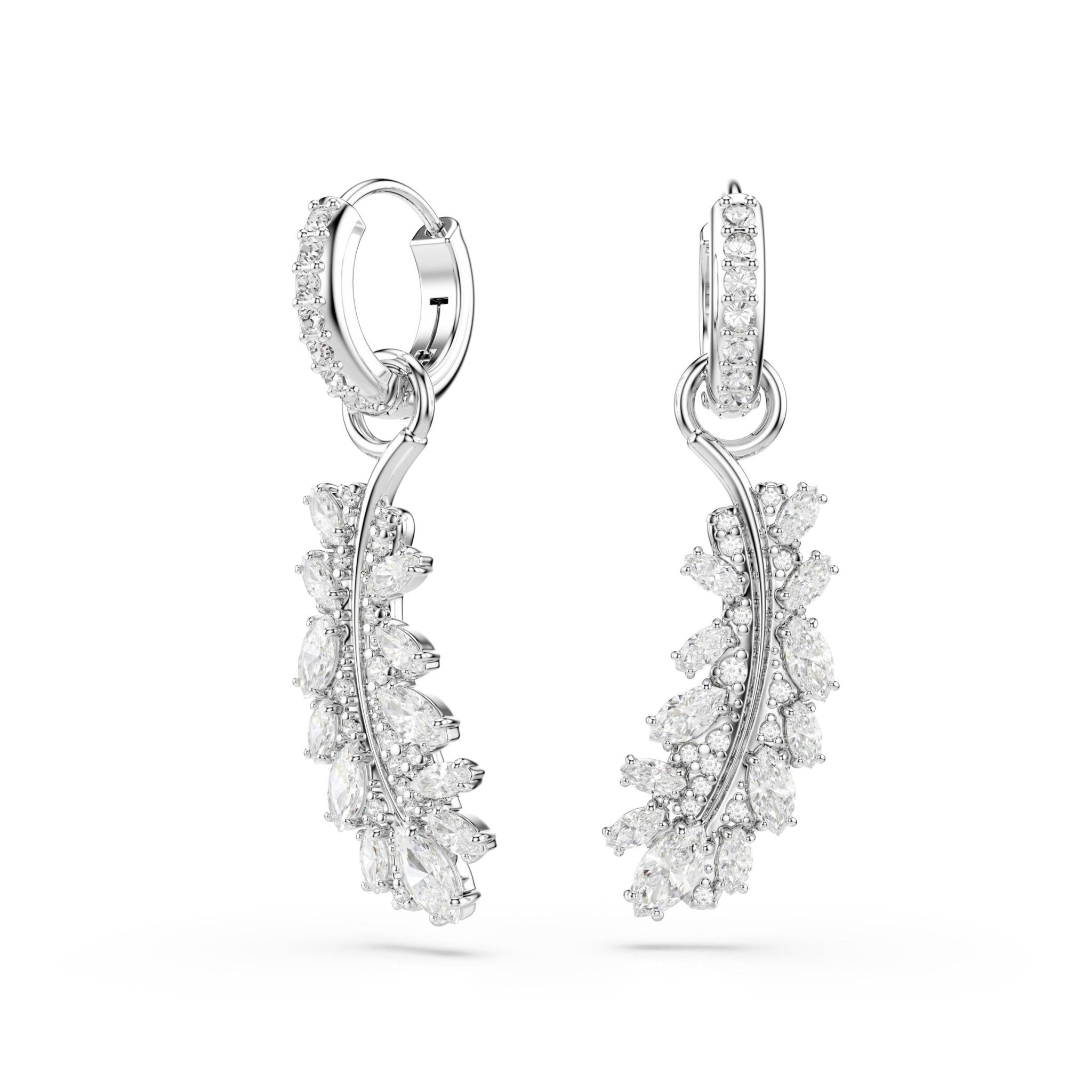 Vienna drop earrings, Mixed cuts, Feather, White, Rhodium plated - Swarovski