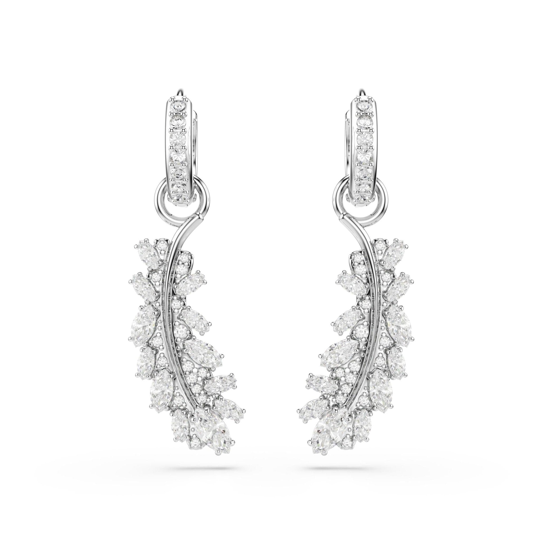 Vienna drop earrings, Mixed cuts, Feather, White, Rhodium plated - Swarovski