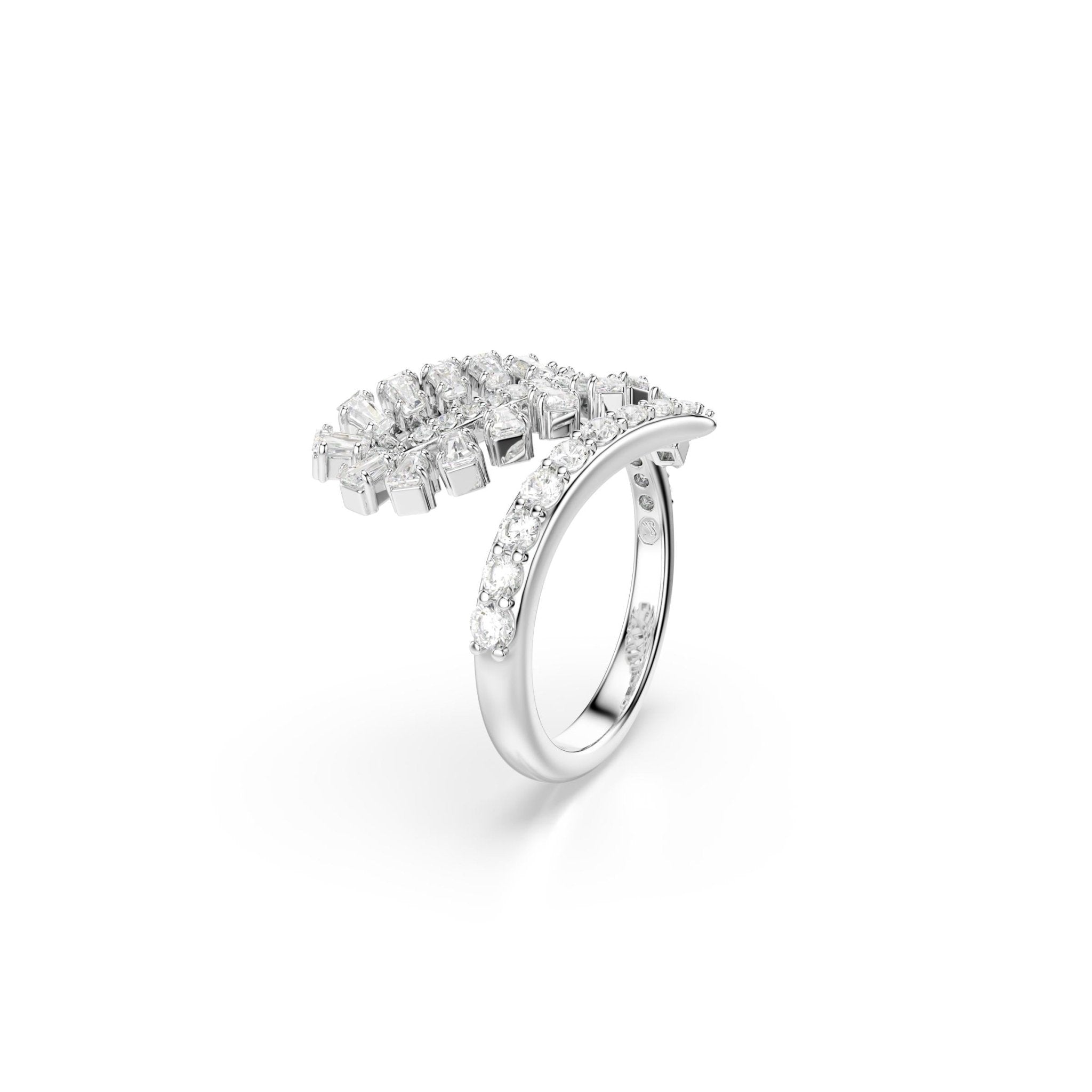 Vienna open ring, Mixed cuts, Feather, White, Rhodium plated -Swarovski