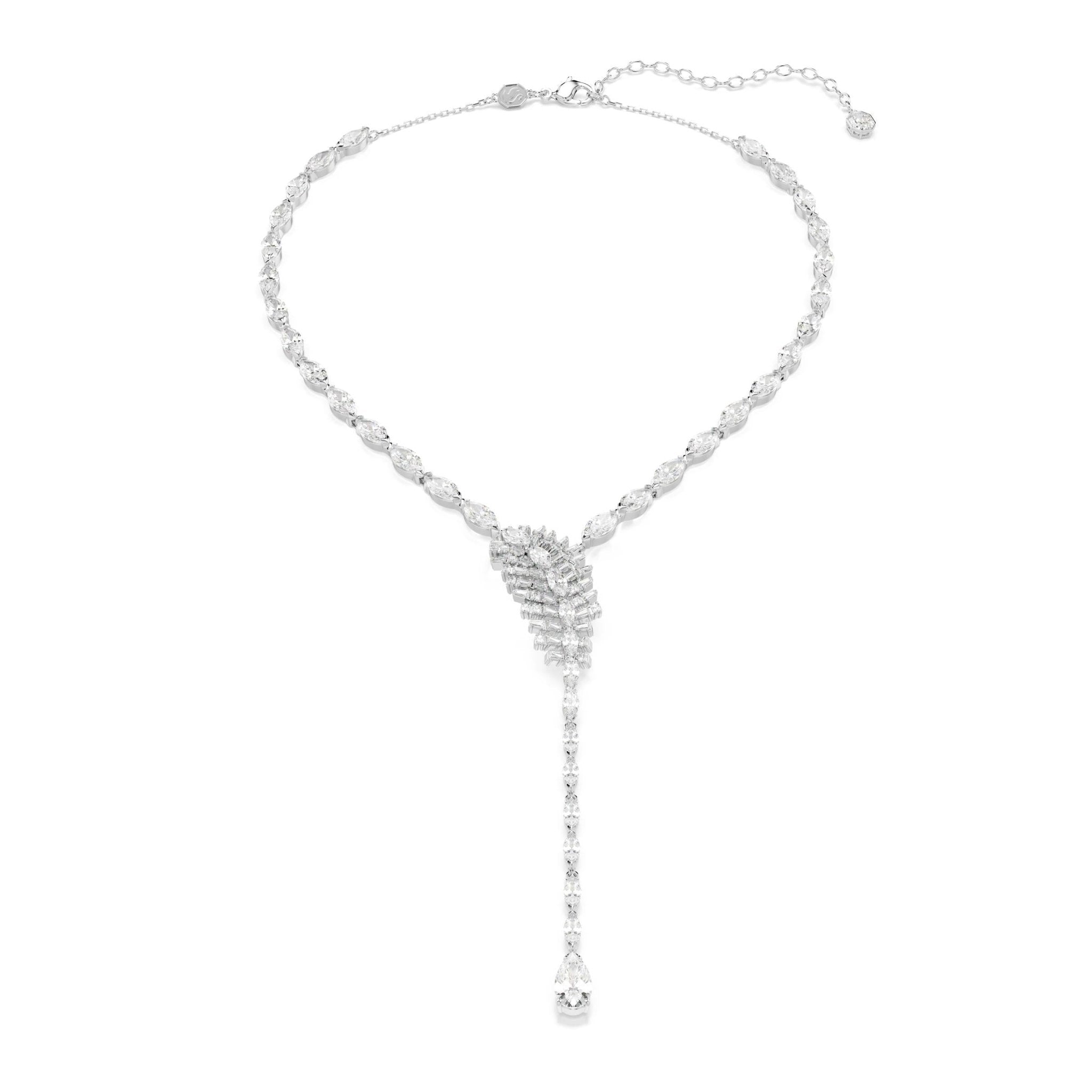 Vienna Y necklace, Mixed cuts, Feather, White, Rhodium plated -Swarovski